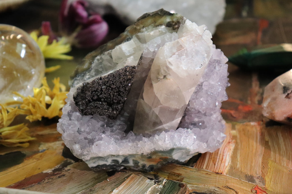 Amethyst Cluster with Druzy Calcite