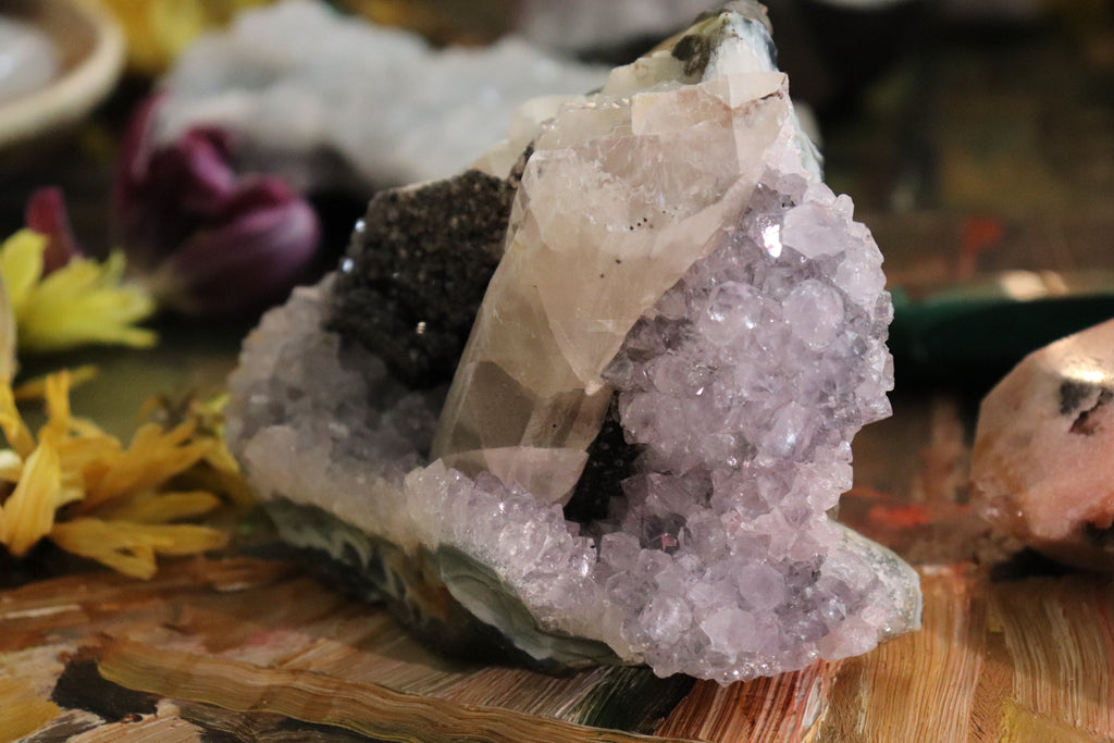 Amethyst Cluster with Druzy Calcite