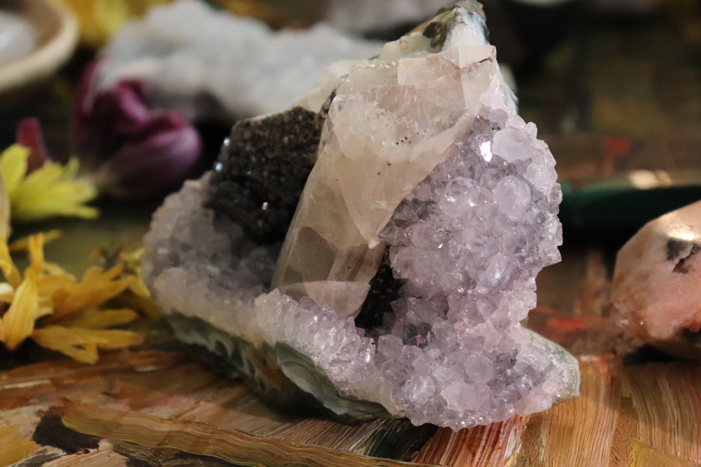 Amethyst Cluster with Druzy Calcite