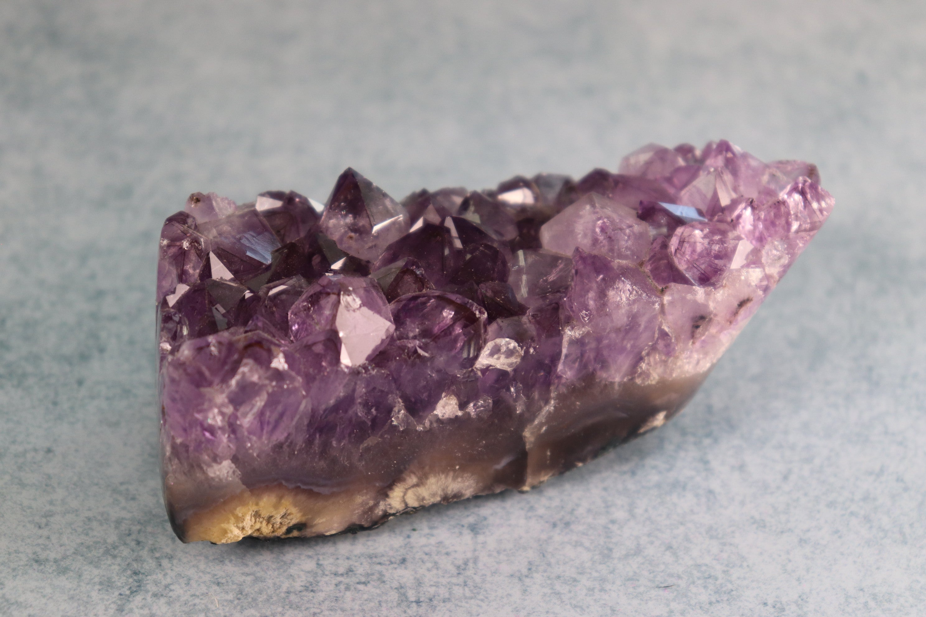 Amethyst crystal cluster on a gray background