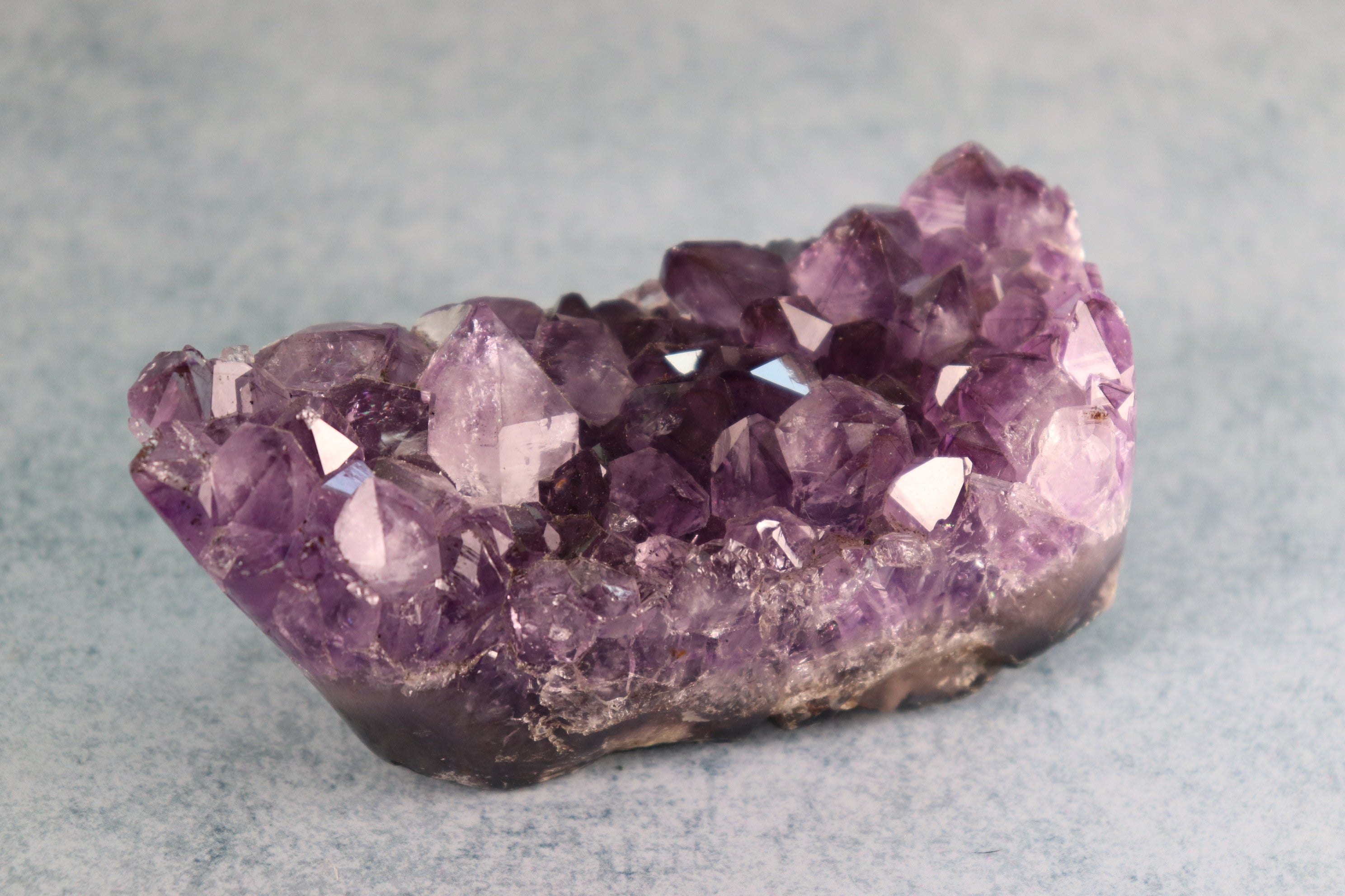 Amethyst crystal cluster on a gray background
