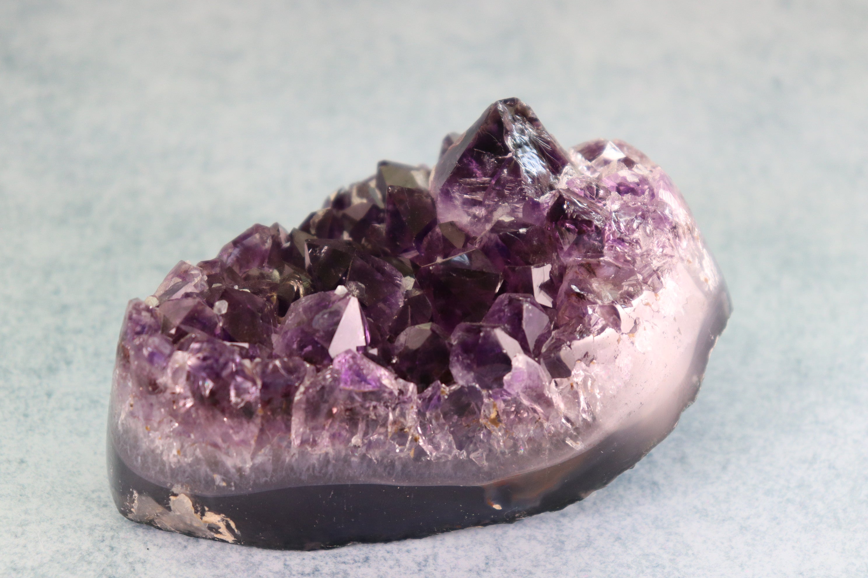 Amethyst crystal cluster on a light gray background