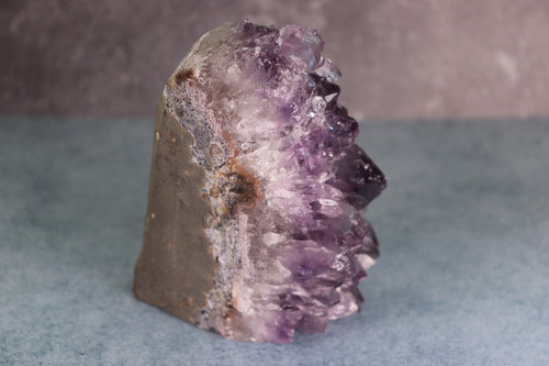 Amethyst crystal on a gray background