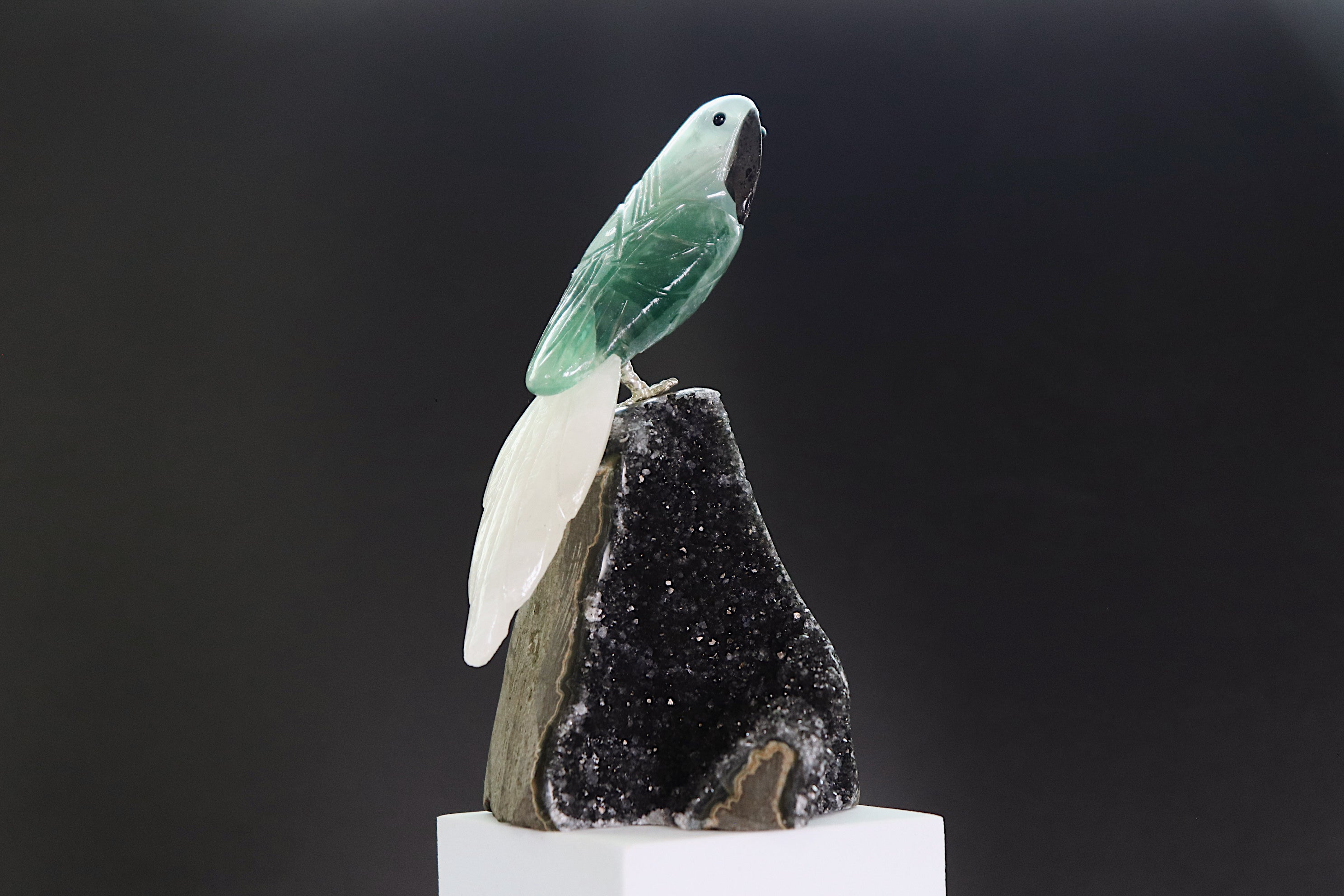 Fluorite & Quartz Bird on Black Amethyst