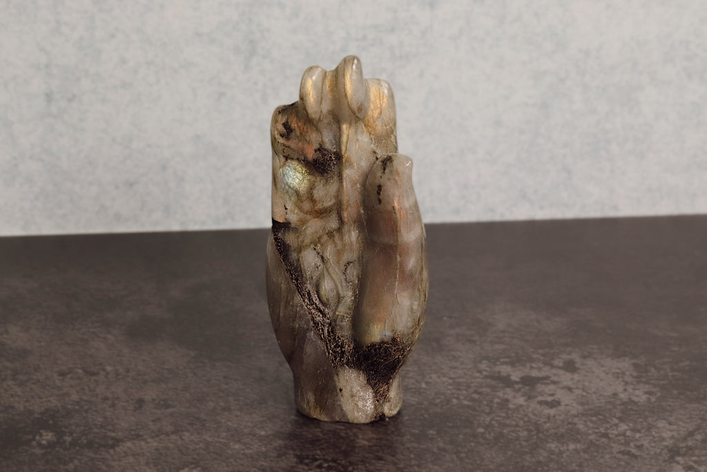 Carved labradorite stone figure of a hand on a dark surface with a gray background